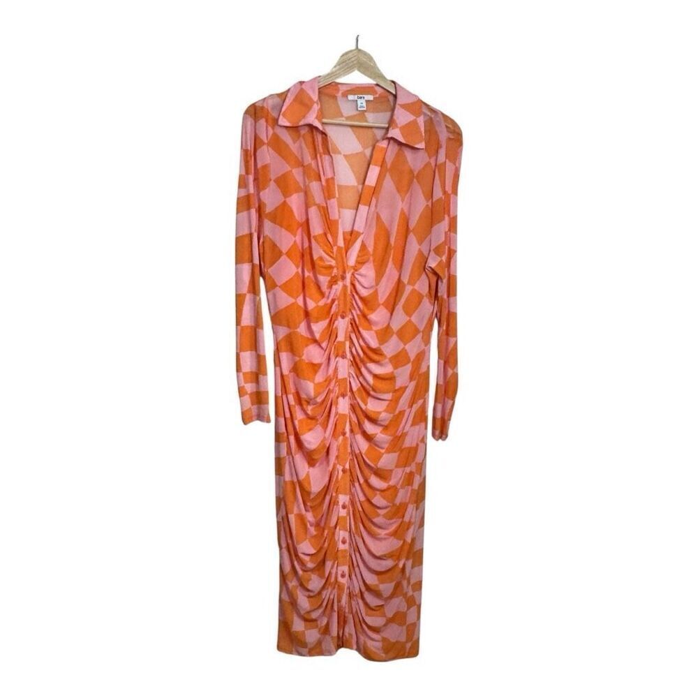 Bar III Checkered Square-Neck Mesh-Overlay Ruched Dress 2X NWOT‎